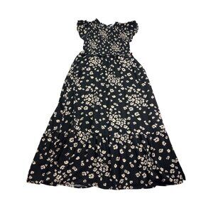 Time & Tru Womens Smocked Fit Flare Midi Dress XS Black Beige Floral Whimsygoth